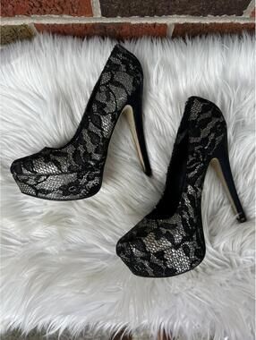 Aldo Gold and Black Lace Platform Stiletto Heels